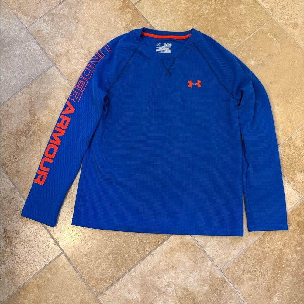 Under Armour Royal Blue Long Sleeve Performance Top with Orange Accents